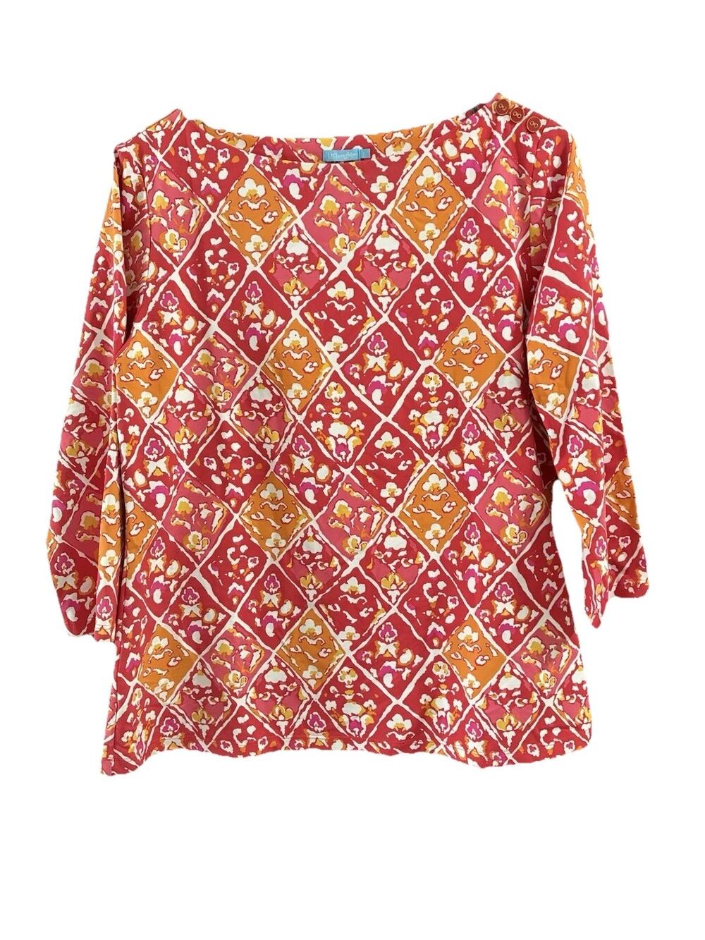 J. McLaughlin Catalina Cloth Red Orange Floral Diamond Boatneck Top Sz L 3/4 Slv